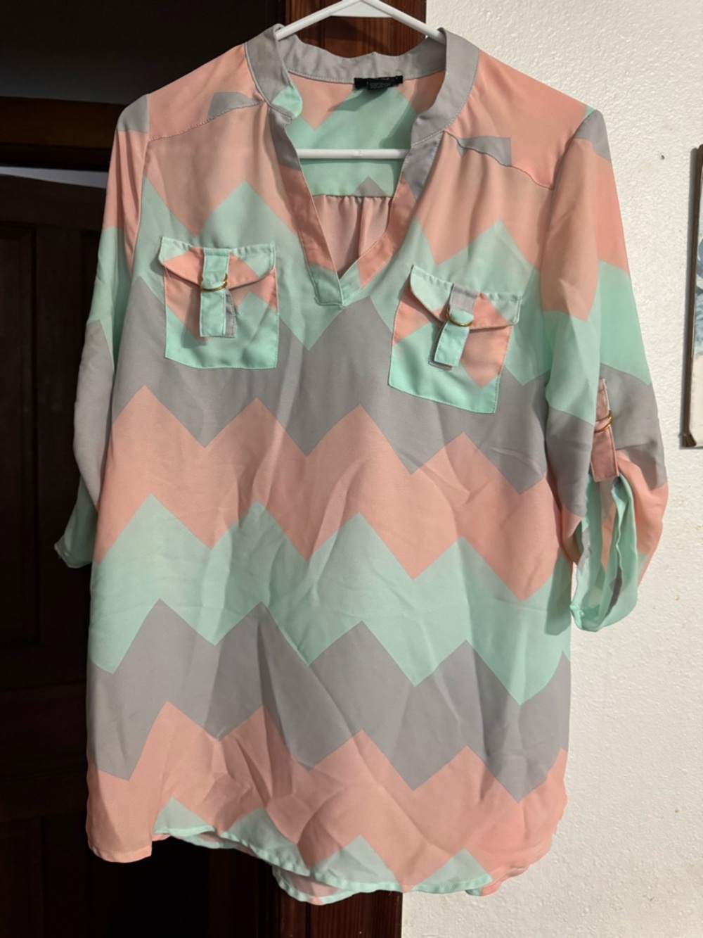 Rue21 Chevron Split-Neck Blouse in Mint, Peach & Gray